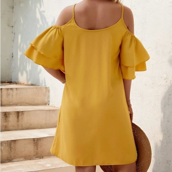 Shein Ruffle Cold Shoulder Dress Mustard Yellow - Picture 3 of 15